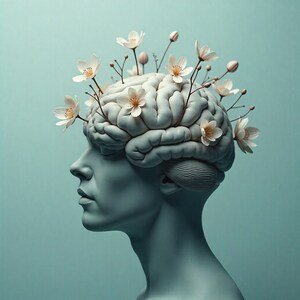visual metaphor for Positive Psychology, gentle softmuted tones, blooming flowers around an open brain, Minimalist surrealist photography inspired by Magritte, soft diffused light, cool muted greys and blues, enigmatic mood, stark contrast, smooth texture, serene yet eerie atmosphere, modernist simplicity and abstraction. Real photo